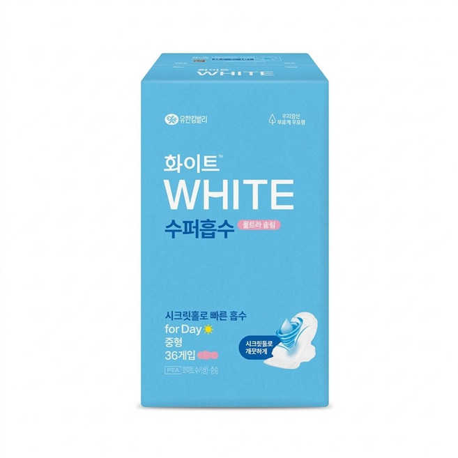 화이트 생리대 수퍼흡수 중형 36매구성/소형/대형/수퍼롱/오버/팬티라이너/울트라/슬림/롱/입는/순면, 36매, 1개