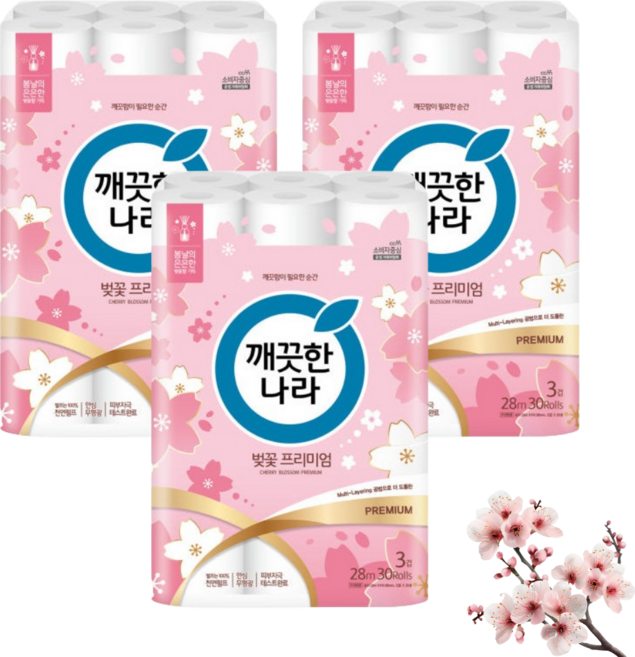 깨끗한나라 벚꽃 화장지 30롤 허브가든 3겹 28m 두루마리 휴지 물에잘녹는 무형광 프리미엄 3개