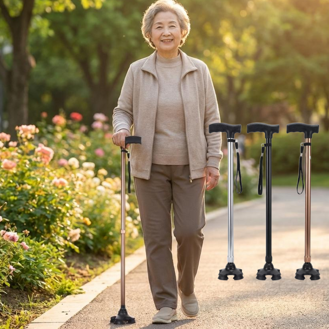 네발 4발 초경량 고강도 미끄럼방지 길이조절 지팡이, 1개, 블랙