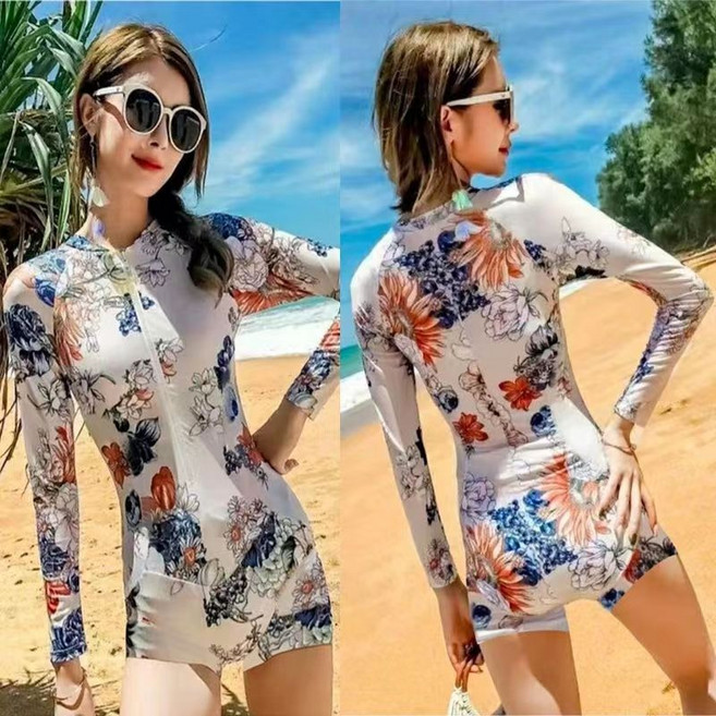 韓國新款修身顯瘦防曬長袖拉鍊碎花三角連體泳衣女潛水服
