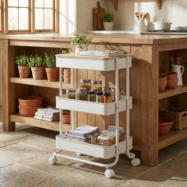 르엘 덮개 선반 이동식 철제 트롤리, 3단, 아이보리