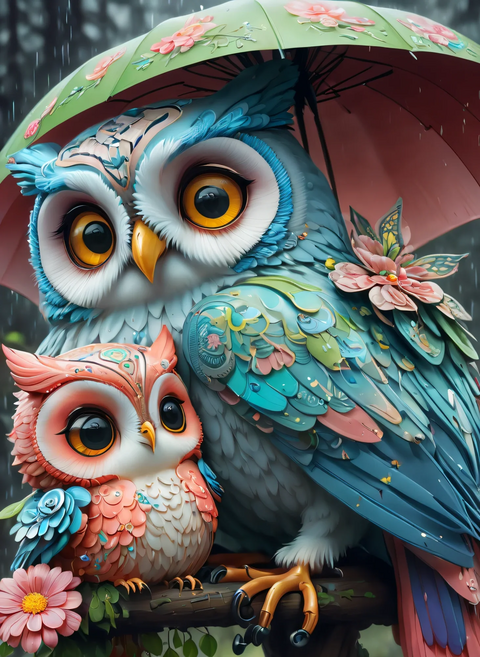 숲 꽃 부엉이 풍수 조각퍼즐 부엉이 가족 부엉이 부부 행운 성공운 금전운에 좋은 컬렉션 그림퍼즐 어르신 효도선물 집콕취미, 01-우산 쓴 부엉이 엄마와 아기부엉이, 1개