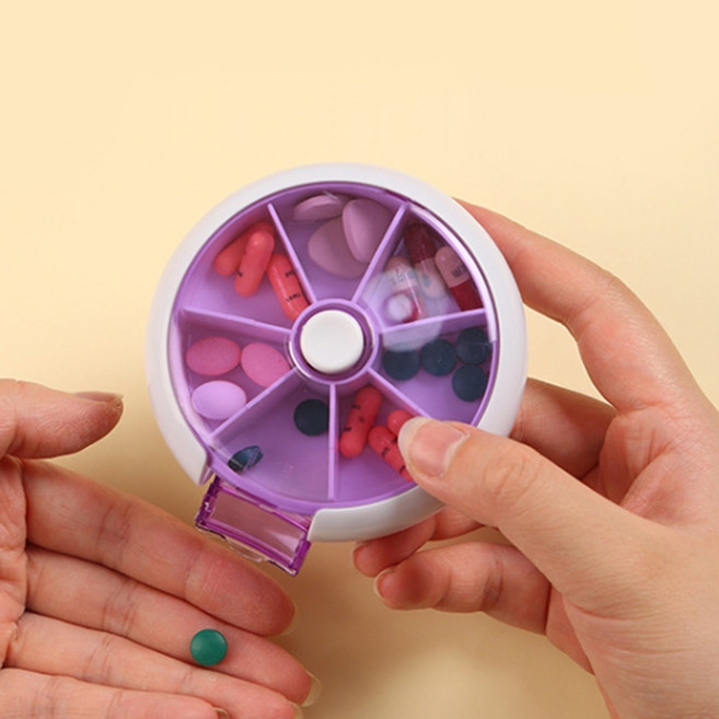 휴대용 요일별 알약통 영양제 원형 케이스 원터치 회전형, 블루, 1개