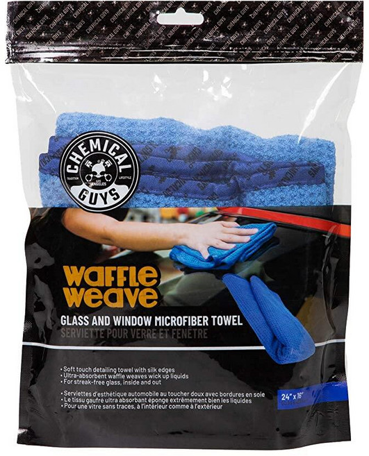 Chemical Guys 와플 직조 유리 및 극세사 타월 블루 61cm x 40.6cm, 24 x 16인치
