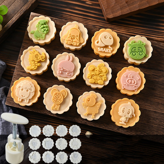 릴스베이 귀여운 십이지신 동물 월병틀 세트 화과자 설날 쿠키 커터 떡도장, 1세트, 화이트