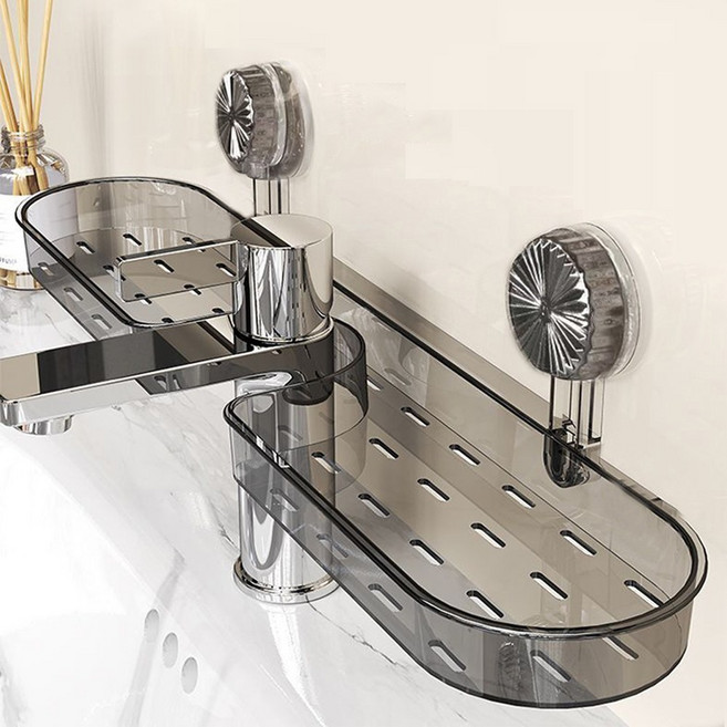 ASTO U자형 수도꼭지 선반 초강력 진공흡착 무타공 욕실 세면대 샤워부스 선반, 투명 그레이