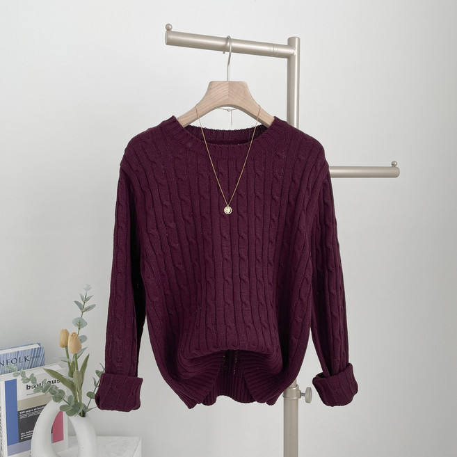 더보느 여성용 블레어 꽈배기 무지 긴팔 라운드 니트