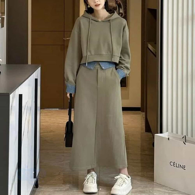 데님 레이어드 후드 롱치마 세트 여성스커트