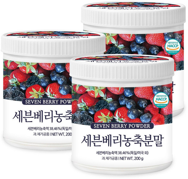 푸른들판 7가지 세븐베리 농축 분말 가루 블랙베리 블랙커런트 블루베리 아사이베리 라즈베리 크랜베리 딸기 파우더, 200g, 3개