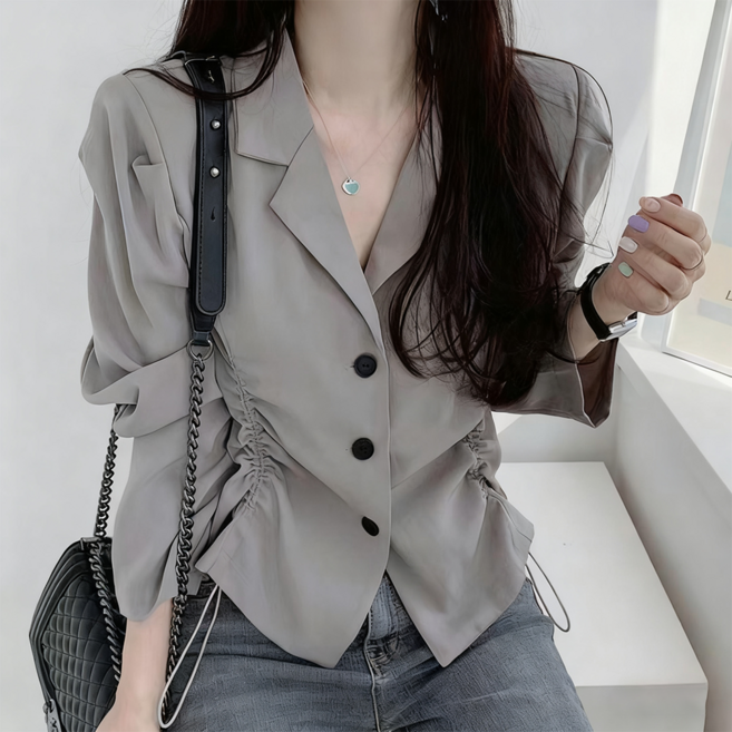 오스틱니 2026 여성 봄가을 V넥 디자인 감각 빅사이즈 날씬해 보이는 긴팔 셔츠 슈트 외투