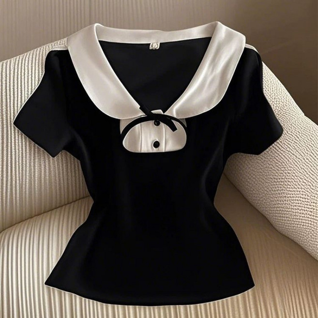 해피유통 14세 이상 어린이 패션 배색 카라 반팔 티셔츠 귀여운 리본 디자인 XG08