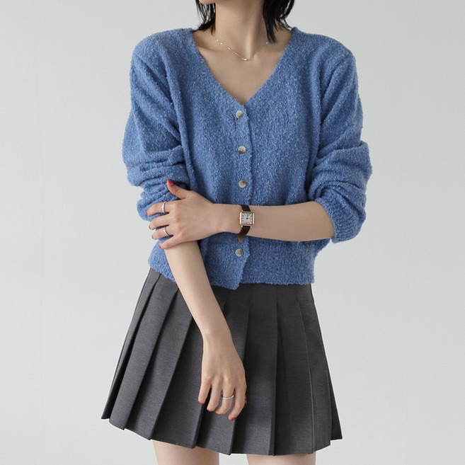 제니트 몽글 촉감 부클 여성 가볍고 포인트 데일리 니트 가디건 브이넥 긴팔 크롭