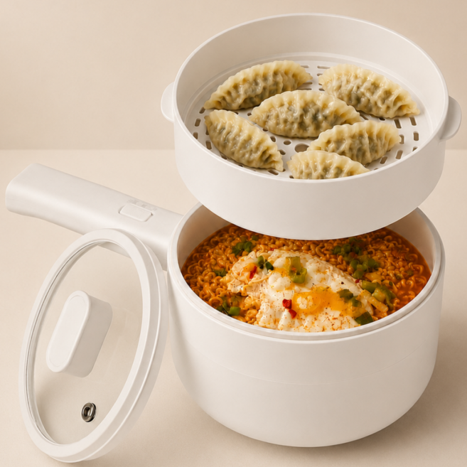 [NEW] 멀티쿠커 세라믹 2단 전기 라면포트 냄비, 2.2L 루니엘 화이트