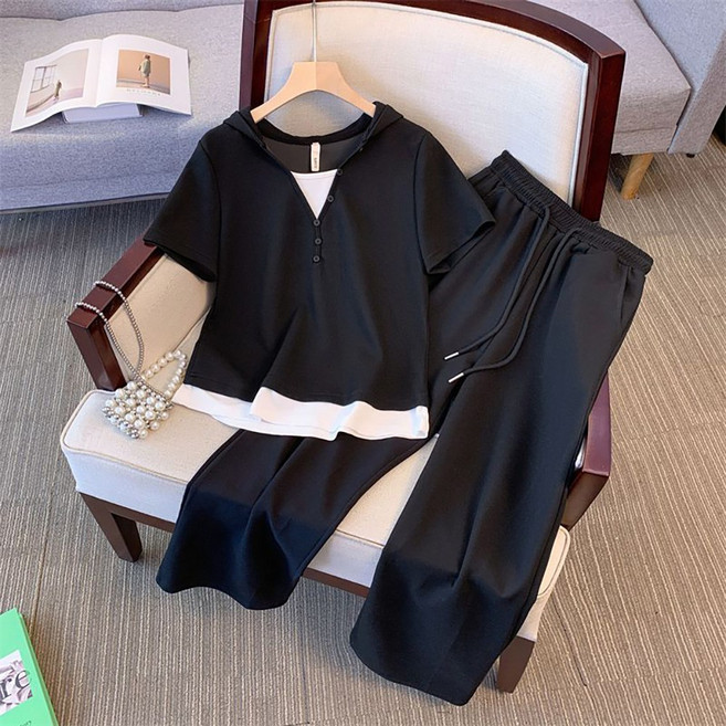 지고다그 여성 빅사이즈 여름 반팔 트레이닝 세트 루즈핏 후드 상의 팬츠 투피스 HH3049