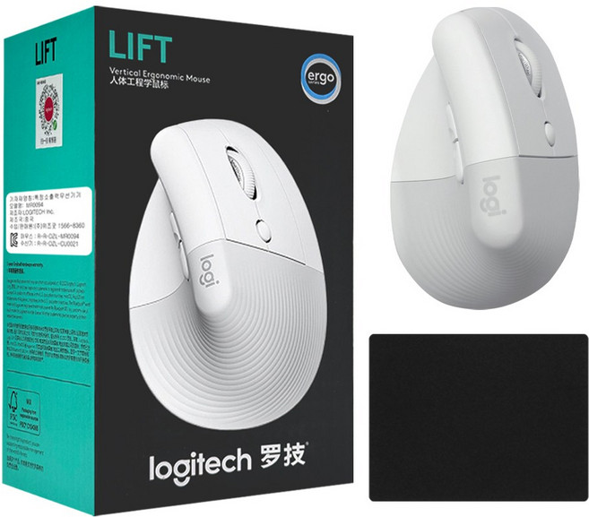 로지텍 LIFT 리프트 버티컬 인체공학 무선 마우스 병행 정품박스 + 스토리링크 마우스패드, LIFT 버티컬 마우스+스링 마우스패드, 페일 그레이