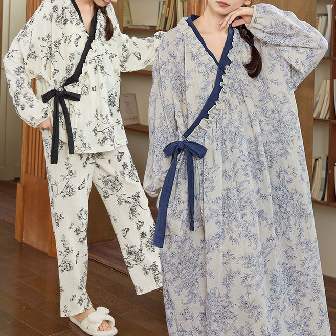 노브라 캡내장 여성용 잠옷 긴팔 러블리 엘도 가운형 파자마 상하의 세트 치마 홈웨어 (3919)