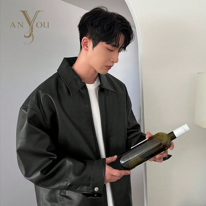 ANYOU 남성 PU 레더자켓 트렌디한 오버사이즈 레더 자켓 방풍 남성겨울자켓