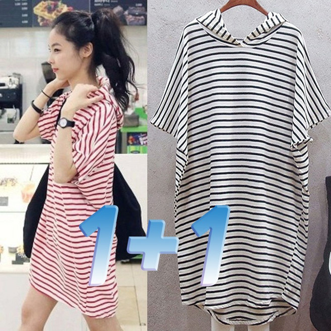 불랙+핑크 2장 여성티 스트라이프 오버핏 후드티 반팔 티셔츠 루즈핏 여성의류 롱티