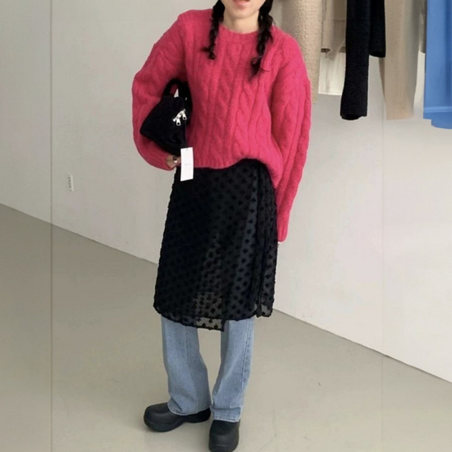 슈비코 여성 시스루 레이어드 랩스커트 꽂자수 바지위에 입는 네잎클로버 스커트