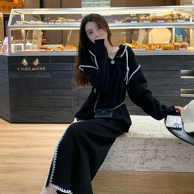 녕동 여성 후드 맨투맨+롱 스커트 투피스 루즈핏 캐주얼 앞트임 H라인 롱 치마 데일리룩
