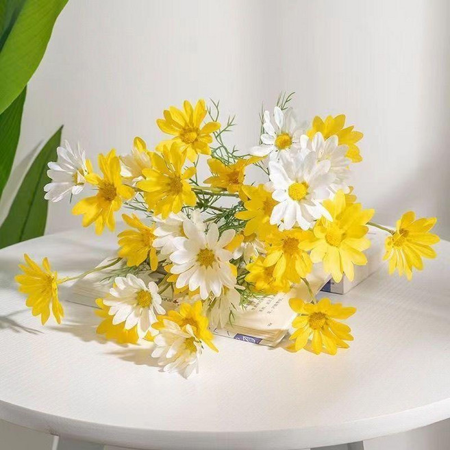 小雛菊仿真花洋甘菊假花束 8支40朵花頭, 洋甘菊白色粉色,8支40朵花頭, 1個