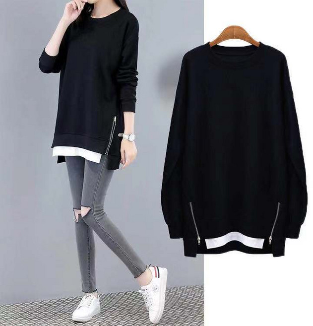 언발 가을맨투맨 집업 트임 긴팔 라운드넥 캐주얼 여성맨투맨 순색 무지 풀오버