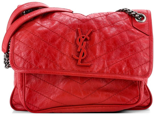 생 로랑 중고 니키 체인 플랩 백 마틀라세 셰브런 레더 미디엄 숄더 백