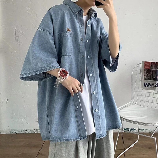 古著 Vintage 牛仔襯衫 男 日系 ins 潮牌 寬鬆 短袖 襯衣 夏季 潮流 痞帥 外套