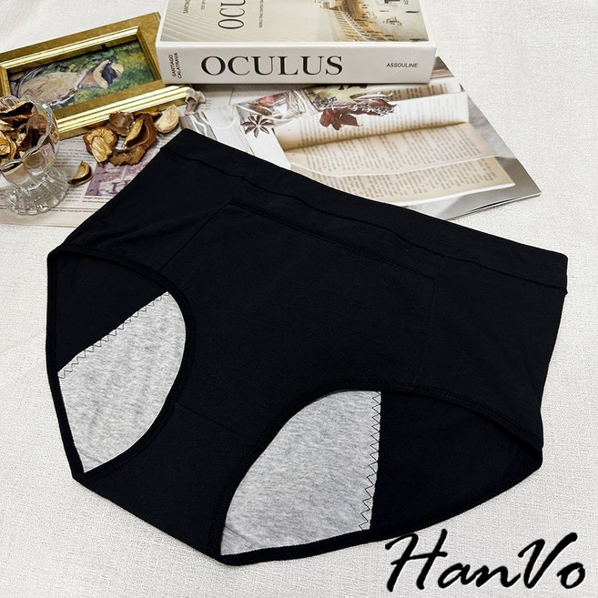 HanVo 天天出貨 防側漏素色生理內褲 放暖暖包口袋設計 棉質高腰 女內褲 內著 A11-5311, 星辰黑,2XL