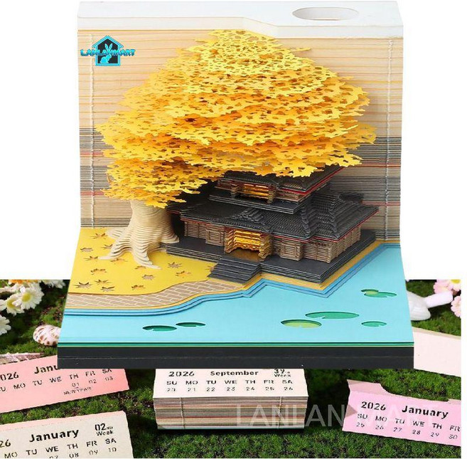 뜯어쓰는 달력 3D 뜯는달력 캘린더 해리 새해 입체달력 탁상달력 벚꽃 메모패드 입체, 옐로우-조명+영문달력(2026년), 1개