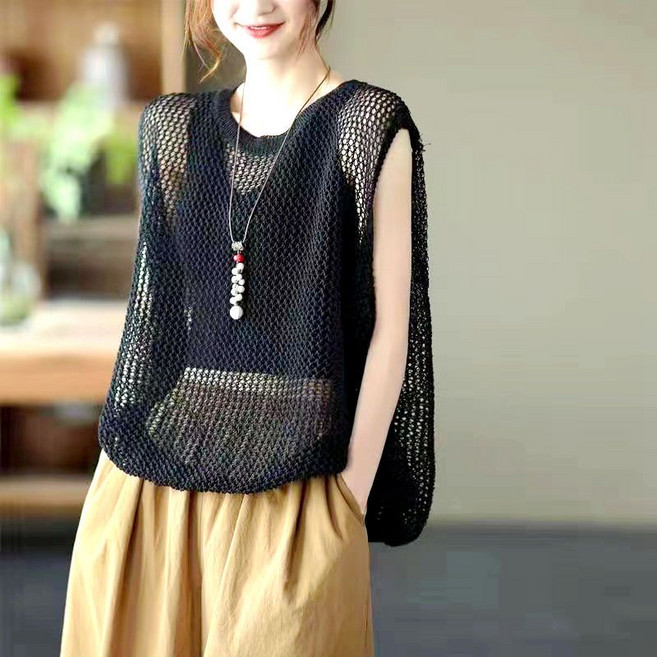 라오농 여성용 여름 빅사이즈 니트 펀칭 베스트 루즈핏 면마 메쉬 조끼 민소매 티셔츠 O05J