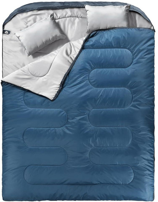 MEREZA 성인 남성용 더블 침낭 베개 포함 XL 퀸 사이즈 사계절용 캠핑 하이킹 배낭여행 2인용 침낭 추운 날씨 및 따뜻함다이아몬드 블루 116409, Double (90.6inx61in), 블루&그레이, 1개