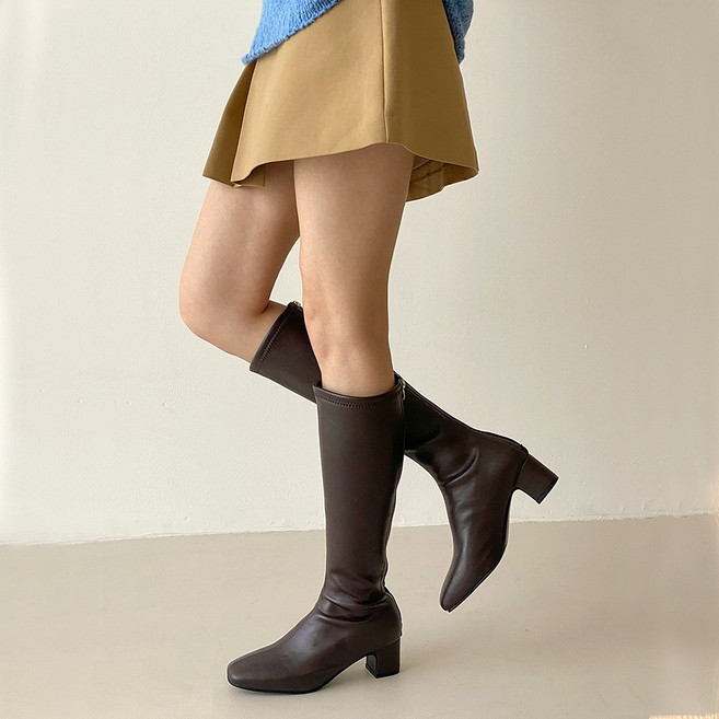 꼼지락 여성 가죽 스판 퍼안감 키작녀 롱부츠 5CM