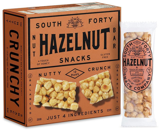 사우스 40 스낵 바삭한 피스타치오 바 단 4가지 재료 꿀 터치 (40g 바 12팩), Hazelnut, 1, 40g
