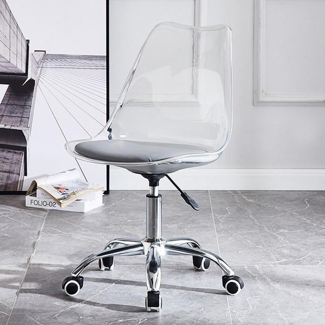 SPF 北歐風透明旋轉椅 電腦椅 辦公椅 化妝椅 升降滑輪椅 人體工學設計, 透明椅背+太空灰座墊(電鍍腳), 1件
