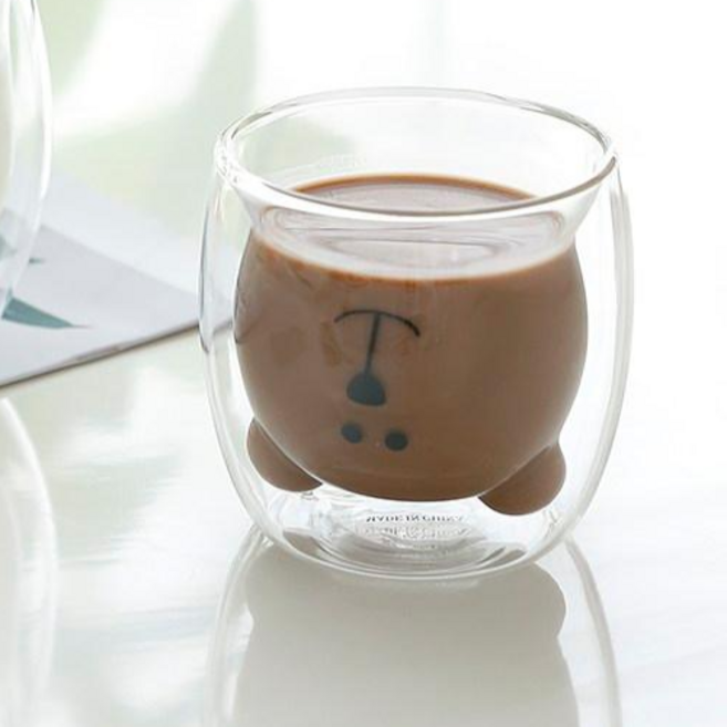 이중유리컵 홈카페 우유컵 아이스커피잔 동물 모양 7가지 동동우주, 곰(260ml), 1개