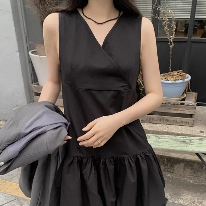 쪼예 브이넥 민소매 캉캉 뒷리본 벌룬 미니 원피스