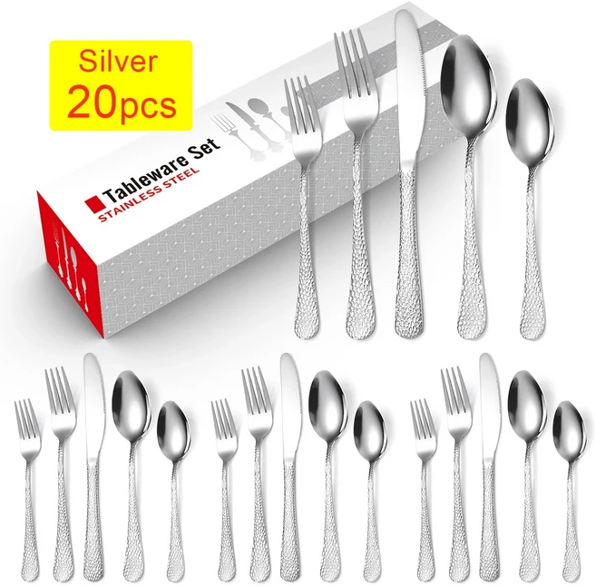 20/30/40Pcs 럭셔리 식기 Flatware 세트 크리 에이 티브 뱀 피부 호텔 스테이크 스테인레스 스틸 골드 칼, 11 Silver 20pcs