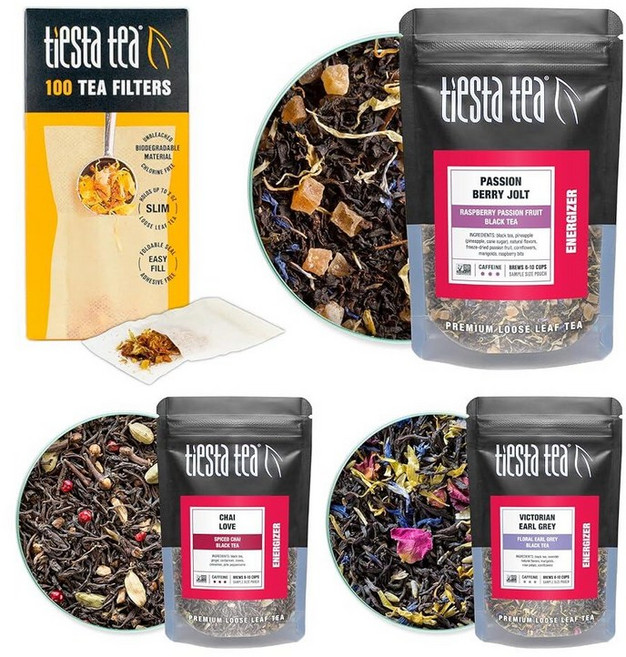 Tiesta Tea - 홍차 스타터 키트 루즈 리프 프리미엄 블랙 선물 세트 고카페인 뜨겁거나 아이스 만들기 샘플러 3개 및 일회용 필터 100개가 포함된 버라이어티, Black Tea Starter Set