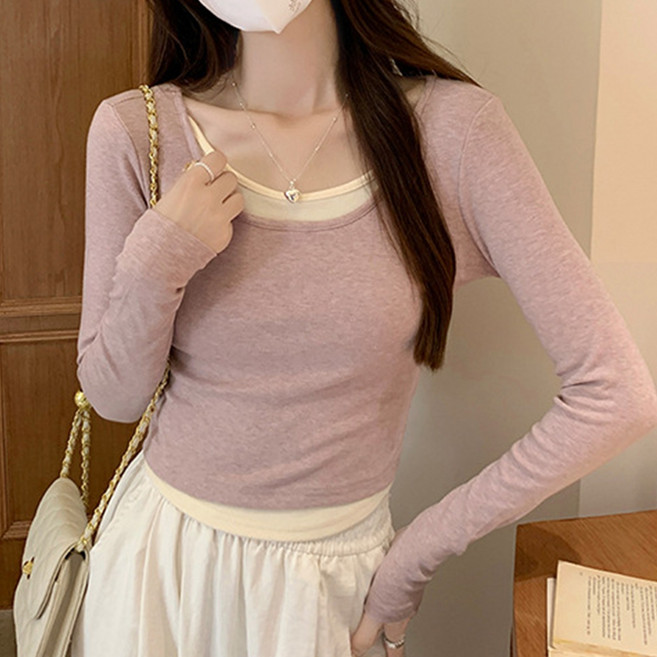 cammello 말라핏 유넥 페이크 배색 레이어드 긴팔 티셔츠 라운드밑단 긴팔티