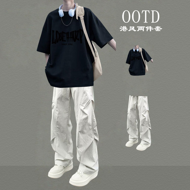 圓領短袖純棉T恤 男款潮流美式風格, 1個, 【套裝】LDE黑短+側蓋淺灰褲3XL 【建議160-180斤】