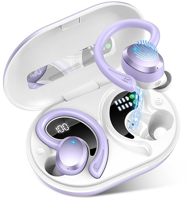 무선 이어버드 75시간 블루투스 5.4 헤드폰 IP7 스포츠용 방수 ENC 노이즈 캔슬링 마이크가 장착된 무선 이어폰 실행 딥 베이스 오버 이어버드가 장착된 이어버드 안드로, Slight Purple