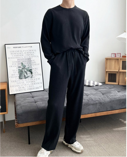 GQQ KF18-KT18 남자플리츠긴팔밴딩상하세트 긴팔 티셔츠 일자바지 밴딩 상의 하의 세트