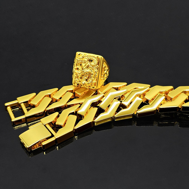 2종세트 18k압축도금 남성 남자 팔찌 반지 세트 실제금싱크로율 / 헤비육각 승천