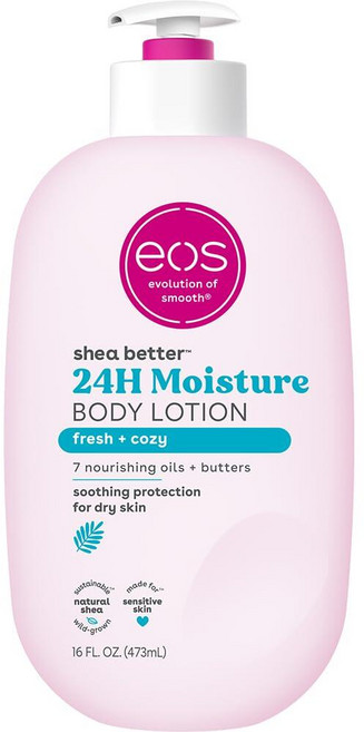 Eos Shea Better 바디 로션 코코넛 워터 24시간 수분 스킨 케어 경량 및 기름지지 않음 자연유래 시어 비건 로션 473.2ml(16온스) 366081, 신선하고 아늑함, 16액량 온스 (1병)