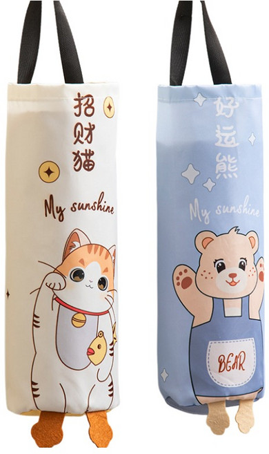 可愛動物造型塑膠袋收納筒, 白色招財貓,藍色好運熊