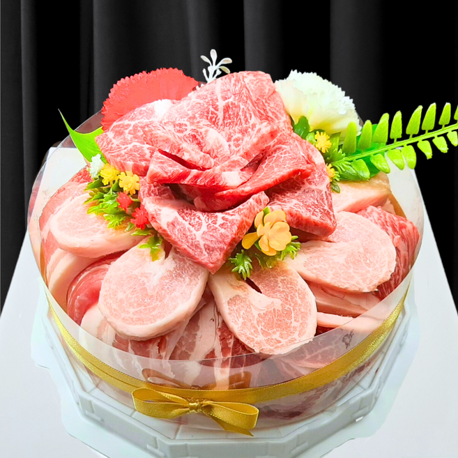 리본포장] 명품 한돈많이 케이크 1400g 한우한돈 혼합 고기케이크(한우1++ BMS7이상), 생신토퍼+리본포장, 1세트