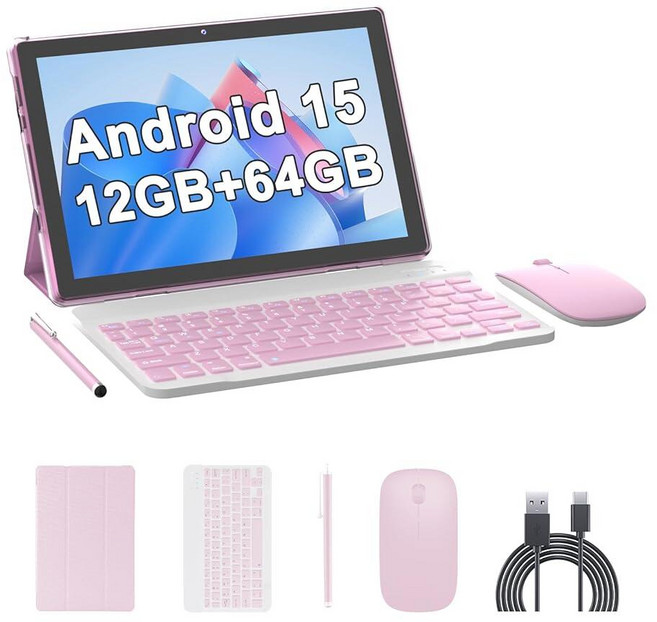 10인치 태블릿 안드로이드 15 태블릿 키보드 포함 64GB ROM+12GB RAM(4+8 확장) 1TB 확장 2MP+8MP 듀얼 카메라 6000mAh 5G WiFi-6 태블릿, 핑크