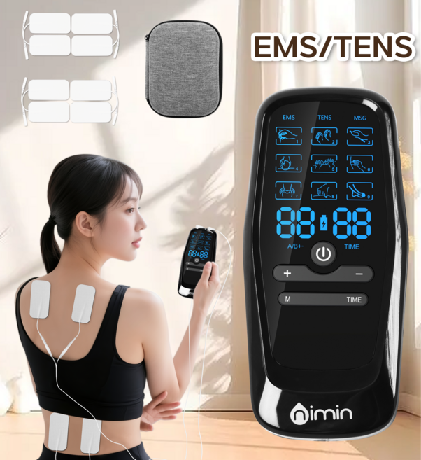 nimin 저주파 마사지기 패드 EMS/TENS 듀얼 채널 어깨 허리 복근 마사지+ 수납박스 전용 겔패드 증정, 블랙