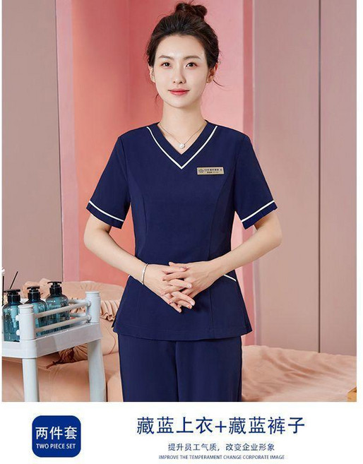 醫美美容院工作服 高品質氣質女款短袖上衣, 1個, 女款兩件套 藏藍色上衣+藏藍褲子,M